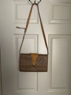 Vintage 1980s Gucci GG Monogram Canvas Crossbody Bag Tan Leather Trim Authentic